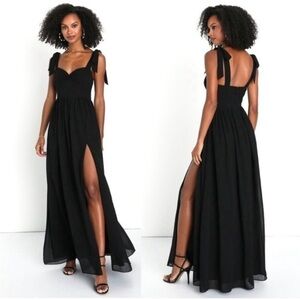Lulu’s Radiant Charisma Black Chiffon Ruched Tie-Strap Maxi Dress Medium​